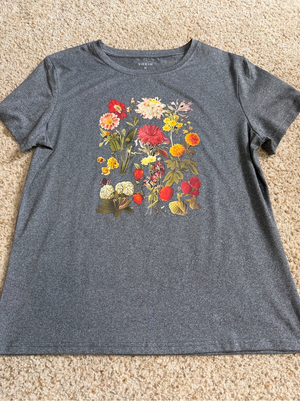 SHEIN Charcoal Floral Bouquet Graphic Short Sleeve Tee